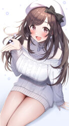 Rule 34 | 1girl, absurdres, arm support, bare legs, beret, blush, breasts, brown hair, gawawawa, hat, heart, heart necklace, highres, idolmaster, idolmaster shiny colors, jewelry, large breasts, long hair, looking at viewer, necklace, simple background, sitting, smile, snowflakes, solo, sweater, tsukioka kogane, very long hair, white background, white hat, white sweater