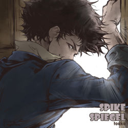 Rule 34 | 1boy, arm up, artist name, black hair, blue jacket, brown eyes, character name, closed mouth, collared shirt, cowboy bebop, dated, door, english text, from behind, happy, jacket, light rays, long sleeves, looking at viewer, looking back, male focus, shirt, short hair, signature, smile, solo, spike spiegel, spiked hair, touka (akira nogi), upper body, watermark, white shirt