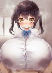 Rule 34 | 1girl, absurdres, black hair, blush, bow, bowtie, breasts, brown eyes, gigantic breasts, highres, lactation, lactation through clothes, leaking, looking at viewer, oggu (neoguloliko), open mouth, oppai loli, paizuri, shirt, smile, solo, tagme, wet, wet clothes, wet shirt, white shirt