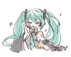 Rule 34 | 1girl, aqua hair, aqua nails, aqua necktie, black sleeves, detached sleeves, fingernails, hatsune miku, headset, long hair, long sleeves, musical note, nail polish, necktie, number tattoo, simple background, sleeveless, smile, solo, tattoo, thenintlichen96, twintails, upper body, vocaloid, white background, wide sleeves