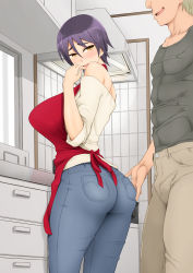 Rule 34 | 1girl, apron, ass, ass grab, bare shoulders, blush, breasts, cowboy shot, denim, embarrassed, from behind, groin, hand up, highres, indoors, jeans, kitchen, large breasts, legs, looking back, miito shido, off shoulder, open mouth, original, pants, purple hair, raised eyebrows, short hair, standing, sweat, thighs, yellow eyes