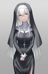 Rule 34 | 1girl, black dress, blue eyes, breasts, closed mouth, cowboy shot, cross, crossed bangs, dress, frown, grey background, habit, hair between eyes, highres, jewelry, large breasts, long hair, long sleeves, looking at viewer, naga (pixiv70891418), necklace, nun, original, own hands together, rosary, side slit, sidelocks, solo, straight hair, turtleneck, very long hair, white background, white hair