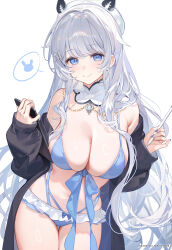 Rule 34 | 1girl, bikini, bikini skirt, black jacket, blue bikini, blue eyes, blue nails, breasts, cleavage, closed mouth, collar, commentary, cowboy shot, detached collar, hair ornament, hairpin, hands up, highres, holding, holding stylus, holding tablet pc, jacket, large breasts, long hair, long sleeves, looking at viewer, machi (7769), mole, mole on breast, nail polish, navel, off shoulder, original, parted bangs, puffy long sleeves, puffy sleeves, simple background, skindentation, sleeves past wrists, smile, solo, spoken animal, stomach, stylus, swimsuit, symbol-only commentary, tablet pc, wavy hair, white background, white collar, white hair, white headwear