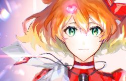 Rule 34 | 1girl, bow, commentary, freyja wion, glowing, green eyes, hair bow, hair ornament, heart, heart hair ornament, highres, jewelry, lens flare, macross, macross delta, macross delta: zettai live!!!!!!, mosako, necklace, orange hair, red bow, short hair, sketch, smile, solo, symbol-only commentary