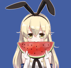 Rule 34 | 1girl, blonde hair, blue background, blush, eating, elbow gloves, food, fruit, gloves, hairband, holding, holding food, kantai collection, linda b, long hair, looking at viewer, parted lips, shimakaze (kancolle), simple background, smile, solo, watermelon, white gloves, yellow eyes