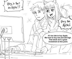 Rule 34 | +++, 1boy, 1girl, :d, animal ears, bad id, bb (baalbuddy), cable, commentary, craft lawrence, english commentary, english text, fang, fingernails, fox ears, fox tail, greyscale, highres, holo, hug, hug from behind, inactive account, jacket, jitome, keyboard (computer), long sleeves, monitor, monochrome, mouse (computer), open mouth, parted lips, simple background, smile, spice and wolf, stock market, tail, tail wagging, white background