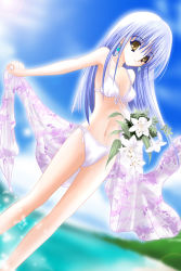 Rule 34 | 1girl, artist request, bikini, blue hair, bouquet, breasts, brown eyes, cloud, collarbone, copyright request, day, earrings, flower, holding, jewelry, long hair, looking at viewer, navel, ocean, purple sarong, sarong, unworn sarong, side-tie bikini bottom, sky, small breasts, smile, solo, standing, swimsuit, towel, water, white bikini
