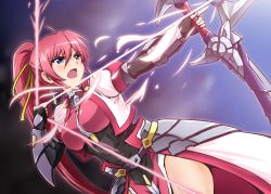 Rule 34 | 1girl, ahoge, armor, black gloves, blue eyes, blush, bow (weapon), breasts, cropped jacket, diesel-turbo, energy arrow, faulds, fingerless gloves, gauntlets, gloves, hair ribbon, impossible clothes, jacket, laevatein (nanoha), long hair, lyrical nanoha, mahou shoujo lyrical nanoha, mahou shoujo lyrical nanoha a&#039;s, medium breasts, night, open mouth, pink hair, ponytail, puffy sleeves, ribbon, shiny skin, signum, star (sky), waist cape, weapon