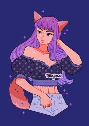 Rule 34 | 1girl, abs, animal ears, arm up, artist name, bare shoulders, black eyes, blue background, blue pants, cat ears, cat tail, cowboy shot, cropped legs, fujiwara zakuro, jewelry, long hair, meyoco, midriff, navel, necklace, pants, print shirt, puffy short sleeves, puffy sleeves, purple hair, shirt, short sleeves, simple background, smile, solo, sparkle, tail, tokyo mew mew
