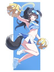 Rule 34 | 1girl, absurdres, animal ears, arm up, armpits, ass, bare shoulders, berrycheetah, black hair, blue archive, blue eyes, blush, breasts, cheerleader, crop top, dog ears, dog girl, dog tail, eyewear on head, full body, goggles, goggles on head, halo, hibiki (blue archive), hibiki (cheer squad) (blue archive), highres, holding, holding pom poms, jumping, long hair, looking at viewer, medium breasts, midair, midriff, millennium cheerleader outfit (blue archive), miniskirt, navel, official alternate costume, open mouth, pom pom (cheerleading), pom poms, shirt, shoes, simple background, skirt, sleeveless, smile, sneakers, socks, solo, sticker on face, stomach, tail, text print, wavy mouth, white footwear, white skirt, yellow halo