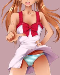 Rule 34 | 00s, 1girl, :o, alternate hairstyle, angry, bare shoulders, blue bow, blue panties, bow, bow panties, breasts, brown hair, cameltoe, chemise, collarbone, cowboy shot, dr rex, dress, evangelion: 2.0 you can (not) advance, grey background, hair up, hand on own hip, head out of frame, lace, legs apart, lingerie, long hair, midriff peek, neon genesis evangelion, open mouth, panties, pantyshot, pointing, pointing at viewer, rebuild of evangelion, red bow, simple background, small breasts, solo, souryuu asuka langley, standing, striped clothes, striped panties, sundress, twintails, underwear, underwear only, white dress, white panties, wind, wind lift