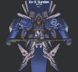 Rule 34 | absurdres, artist name, beam rifle, black background, blue background, character name, commentary, energy gun, english commentary, ex-s gundam, from above, full body, green eyes, gun, gundam, gundam sentinel, highres, holding, holding gun, holding weapon, jellen squish, legs apart, mecha, mecha focus, mobile suit, no humans, robot, science fiction, solo, two-tone background, v-fin, weapon
