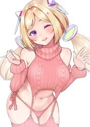Rule 34 | 1girl, @-you (you 2023 8 16), aki rosenthal, bare shoulders, blonde hair, blue eyes, blush, bob cut, breasts, detached hair, detached sleeves, gloves, hair ornament, headgear, highres, hololive, large breasts, long hair, looking at viewer, low twintails, meme attire, navel, open mouth, panties, parted bangs, purple eyes, ribbed panties, ribbed sleeves, ribbed sweater, ribbed thighhighs, short hair, smile, solo, sweater, thighhighs, turtleneck, twintails, underwear, virgin destroyer sweater, virtual youtuber