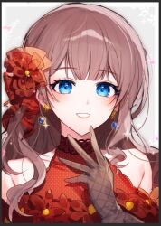 Rule 34 | 1girl, bare shoulders, blue background, blush, bow, brown hair, dress, earrings, fishnet gloves, fishnets, flower, gloves, grey gloves, hair bow, hair flower, hair ornament, happy, jewelry, long hair, mochizuki honami, panprika, project sekai, red bow, red dress, red flower, smile, solo, sparkle, teeth, upper body, very long hair