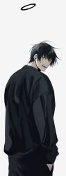 Rule 34 | 1boy, absurdres, black hair, black pants, black sweater, commentary, english commentary, fushiguro touji, grey eyes, halo, hand in pocket, highres, jujutsu kaisen, looking at viewer, lower teeth only, male focus, pants, parted lips, scar, scar on face, scar on mouth, short hair, solo, standing, sweater, sweatpants, teeth, tune oekk