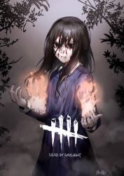Rule 34 | 1girl, alessa gillespie, animification, black hair, blood, closed mouth, commentary request, dead by daylight, dress, eiri (eirri), english text, fire, long hair, looking at viewer, silent hill, silent hill (movie), silent hill (series), solo