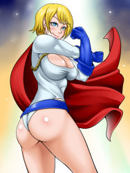 Rule 34 | 1girl, alien, ass, belt, blonde hair, breasts, cape, cleavage, cleavage cutout, clothing cutout, dc comics, fishneak, kryptonian, large breasts, leotard, power girl, solo