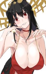 Rule 34 | 1girl, absurdres, alcohol, azur lane, bare shoulders, black hair, blush, breasts, burai yuuki, champagne, champagne flute, choker, cleavage, cocktail dress, collarbone, cup, dress, drinking glass, finger to mouth, hair between eyes, hair ornament, head tilt, highres, large breasts, leaning forward, long hair, looking at viewer, official alternate costume, parted lips, red choker, red dress, red eyes, simple background, smile, solo, taihou (azur lane), taihou (forbidden feast) (azur lane), white background, wide-eyed