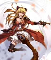 Rule 34 | &gt;:o, 10s, 1girl, :o, armor, black bow, black thighhighs, blonde hair, boots, bow, breasts, brown footwear, cleavage, dress, eredhen, gauntlets, granblue fantasy, hair bow, large breasts, long hair, looking at viewer, motion blur, open mouth, ponytail, red eyes, ribbon, shoulder armor, slashing, solo, sword, thighhighs, v-shaped eyebrows, vira (granblue fantasy), weapon, zettai ryouiki