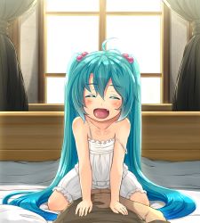 Rule 34 | 1boy, 1girl, :d, ^ ^, ahoge, aqua eyes, aqua hair, bloomers, blush, camisole, closed eyes, commentary request, curtains, closed eyes, fang, hair bobbles, hair ornament, hatsune miku, highres, kitsunerider, long hair, open mouth, pov, revision, smile, solo focus, straddling, strap slip, twintails, underwear, very long hair, vocaloid, window, aged down