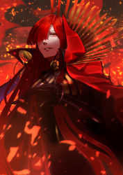 Rule 34 | 1girl, absurdres, bodysuit, burning, cape, chicken mura, commentary request, crest, eyelashes, family crest, fate/grand order, fate (series), fire, from below, hair over one eye, half-closed eyes, hands on hilt, high collar, highres, long hair, looking at viewer, looking down, nose, o-ring, oda nobunaga (fate), oda nobunaga (maou avenger) (fate), oda uri, parted bangs, parted lips, planted, popped collar, red cape, red eyes, red hair, solo, sparks, teeth, very long hair, weapon