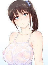 Rule 34 | 1girl, aqua eyes, archibald (adahalt389zp), blush, breasts, brown hair, camisole, covered erect nipples, female focus, gradient background, head tilt, highres, large breasts, long hair, looking at viewer, nipples, original, scrunchie, see-through, side ponytail, solo, upper body, wet, wet clothes