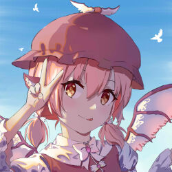 Rule 34 | 1girl, :p, absurdres, bird, blue sky, day, eyebrows hidden by hair, hair between eyes, hand up, hat, highres, kulomi, light blush, looking at viewer, low twintails, medium hair, mob cap, mystia lorelei, portrait, seagull, short twintails, sky, solo, tongue, tongue out, touhou, twintails, upper body, v, wings