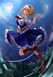 Rule 34 | 1girl, absurdres, alice margatroid, ascot, blonde hair, blue dress, blue eyes, blush, book, boots, brown footwear, capelet, dress, full body, full moon, hairband, highres, holding, holding book, leaf, looking at viewer, moon, night, night sky, onikoroshi, open mouth, outdoors, red ascot, red hairband, sky, solo, star (sky), starry sky, touhou, white capelet
