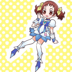 Rule 34 | 1girl, bad id, bad pixiv id, blush, bow, brooch, brown eyes, brown hair, choker, cosplay, cure marine, cure marine (cosplay), dokidoki! precure, hair ribbon, heart, heart brooch, heartcatch precure!, jewelry, morimoto eru, polka dot, polka dot background, precure, ribbon, shoes, short hair, short twintails, shurikenger, solo, thighhighs, twintails, white thighhighs, wrist cuffs, yellow background