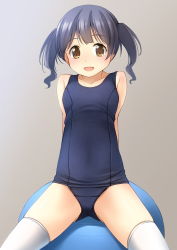 Rule 34 | 1girl, :d, ball, bare arms, bare shoulders, blue one-piece swimsuit, breasts, brown eyes, collarbone, commentary request, exercise ball, grey background, highres, looking at viewer, old school swimsuit, one-piece swimsuit, open mouth, original, purple hair, school swimsuit, shibacha, sitting, small breasts, smile, solo, swimsuit, thighhighs, twintails, white thighhighs
