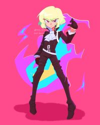 Rule 34 | 1boy, artist name, ascot, belt, black footwear, black gloves, black jacket, black pants, commentary, english commentary, gloves, green hair, highres, jacket, lio fotia, looking at viewer, male focus, pants, pink background, promare, red eyes, short hair, slurpn00dles, solo, standing, v-shaped eyebrows