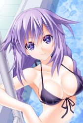 Rule 34 | 10s, 1girl, bikini, breasts, cleavage, derivative work, female focus, highres, large breasts, lips, long hair, looking at viewer, mitty (bareg 09), neptune (neptunia), neptune (series), partially submerged, pool ladder, purple eyes, purple hair, purple heart (neptunia), smile, solo, swimsuit, symbol-shaped pupils, very long hair, water