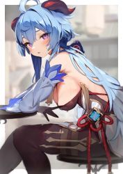 Rule 34 | 1girl, :o, absurdres, ahoge, backless leotard, bell, black gloves, black leotard, black pantyhose, blue bow, blue hair, blurry, blurry background, blush, bow, breasts, chair, cowbell, crossed arms, detached sleeves, feet out of frame, from side, ganyu (genshin impact), genshin impact, gloves, goat horns, gold trim, hair bow, hair intakes, hanging breasts, highres, horns, leotard, leotard pull, light blue hair, long hair, looking at viewer, medium breasts, neck bell, pantyhose, parted lips, pelvic curtain, pomesaurus, purple eyes, sitting, solo, sweat, table, vision (genshin impact)