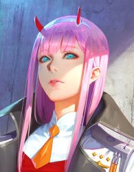 Rule 34 | 1girl, aqua eyes, commentary, darling in the franxx, english commentary, eyeshadow, green eyes, hairband, horns, jacket, jacket on shoulders, makeup, military, military uniform, orange neckwear, parted lips, pink hair, shuichi wada, sidelocks, solo, straight hair, uniform, white hairband, zero two (darling in the franxx)