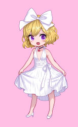 Rule 34 | 1girl, :d,  (tonari no kyuuketsuki-san), absurdres, alternate costume, ama-tou, bare arms, bare shoulders, black choker, black neckwear, blonde hair, bow, chibi, choker, collarbone, contrapposto, dress, elly (tonari no kyuuketsuki-san), full body, gem, hair between eyes, hair bow, halter dress, halterneck, high heels, highres, jaggy lines, jewelry, large bow, looking at viewer, looking to the side, medium dress, no nose, no socks, official art, open mouth, pendant, pendant choker, pink background, pumps, purple eyes, ribbon, shoes, short hair, simple background, skirt hold, sleeveless, sleeveless dress, smile, solo, standing, swept bangs, tonari no kyuuketsuki-san, wavy hair, white bow, white dress, white footwear, white ribbon
