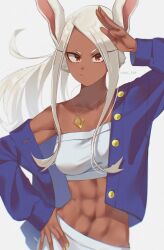 Rule 34 | 1girl, :/, abs, animal ears, blue jacket, boku no hero academia, breasts, chibi 228, closed mouth, collarbone, contrapposto, dark-skinned female, dark skin, hand on own hip, hand up, highres, jacket, jewelry, large breasts, long eyelashes, long hair, looking at viewer, mirko, nail polish, navel, off shoulder, pants, parted bangs, pendant, ponytail, rabbit ears, rabbit girl, red eyes, shirt, single bare shoulder, solo, stomach, strapless, toned, tube top, twitter username, upper body, white hair, white pants, white shirt, white tube top, yellow nails