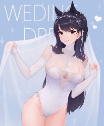 Rule 34 | 1girl, animal ear fluff, atago (azur lane), atago (lily-white vow) (azur lane), atago (lily-white vow) (azur lane), azur lane, black hair, blue background, breasts, bridal gauntlets, brown eyes, cleavage, collarbone, contrapposto, english text, extra ears, gluteal fold, gu tao, heart, highres, large breasts, leotard, long hair, looking at viewer, mole, mole under eye, simple background, smile, solo, sparkle, thigh gap, upper body