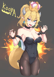 Rule 34 | 1girl, adapted costume, armlet, bad id, bad pixiv id, bare shoulders, black background, black leotard, black nails, black pantyhose, blonde hair, blue eyes, blush, bowsette, bracelet, breasts, breath weapon, breathing fire, character name, cleavage, collar, collarbone, covered navel, cropped legs, crown, earrings, fingernails, fire, gogongzid, high ponytail, highres, horns, jewelry, large breasts, leotard, long fingernails, long hair, looking at viewer, mario (series), nail polish, new super mario bros. u deluxe, nintendo, open mouth, pantyhose, pointy ears, ponytail, sharp fingernails, sharp teeth, solo, spiked armlet, spiked bracelet, spiked collar, spiked shell, spiked tail, spikes, strapless, strapless leotard, super crown, tail, teeth, torn clothes, torn pantyhose, turtle shell, upper body, v-shaped eyebrows