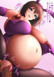 Rule 34 | 1boy, 1girl, absurdres, animal ears, artist name, big belly, blue eyes, blush, breasts, brown hair, clothing aside, clothing cutout, cowgirl position, curvy, dark nipples, fake animal ears, from below, girl on top, groin, happy sex, heart, hetero, highres, huge breasts, japanese text, large areolae, large nipples, leotard, leotard aside, looking at viewer, looking down, medium hair, motion lines, natsuki dgug, nipple slip, nipples, no bra, no panties, open mouth, original, outie navel, pantyhose, penis, pov, pregnant, puffy areolae, puffy nipples, pussy, rabbit ears, revealing clothes, sex, shiny clothes, shiny skin, sidelocks, signature, smile, sound effects, spread legs, stomach, stomach cutout, straddling, sweat, thick thighs, thighs, torn clothes, torn pantyhose, translation request, vaginal, wide hips