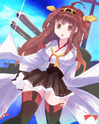 Rule 34 | 1girl, ahoge, black footwear, black skirt, blush, boots, breasts, brown hair, cannon, commentary request, detached sleeves, double bun, eon (greencastle), feet out of frame, frilled skirt, frills, hair bun, hairband, headgear, japanese clothes, kantai collection, kimono, kongou (kancolle), large breasts, long hair, looking at viewer, miniskirt, open mouth, skirt, solo, thigh boots, white kimono, white sleeves