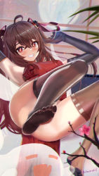 Rule 34 | 1girl, absurdres, ahoge, alternate ass size, armpits, arms up, artist name, black thighhighs, blush, breasts, brown hair, china dress, chinese clothes, closed eyes, dress, elbow gloves, feet, foot focus, from below, genshin impact, gloves, hair ornament, hane 63, highres, hu tao (genshin impact), long hair, looking at viewer, medium breasts, open mouth, red dress, red eyes, sleeveless, sleeveless dress, smile, soles, solo, thighhighs, toes, twintails