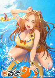Rule 34 | 1girl, breasts, brown eyes, brown hair, cleavage, collarbone, colored eyelashes, day, flower, hair flower, hair ornament, large breasts, league of legends, leona (league of legends), long hair, one-piece swimsuit, outdoors, pantheon (league of legends), pool party leona, sunflower, sunflower hair ornament, surfboard, surfing, swimsuit, tagme, water, wet, wickedblack, yellow one-piece swimsuit