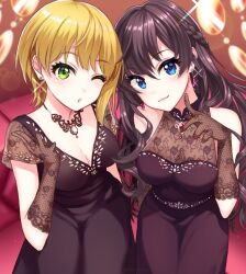 Rule 34 | 2girls, bare shoulders, blonde hair, blue eyes, blurry, blurry background, blush, braid, breasts, brown dress, brown hair, cleavage, closed mouth, dot nose, dress, earrings, from above, glint, gloves, green eyes, hair between eyes, hand up, ichinose shiki, idolmaster, idolmaster cinderella girls, idolmaster cinderella girls starlight stage, index finger raised, jewelry, lace, lace gloves, lens flare, long hair, looking at viewer, medium breasts, miyamoto frederica, multiple girls, necklace, on chair, one-eyed, parted lips, rainbow gradient, see-through, see-through cleavage, see-through sleeves, short hair, short sleeves, sitting, sleeveless, sleeveless dress, smile, uruhara ryuuku, wavy hair