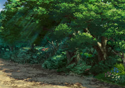 Rule 34 | aruken, bad id, bad pixiv id, bush, commentary, dappled sunlight, day, flower, forest, grass, green theme, highres, nature, no humans, original, outdoors, path, plant, road, scenery, sunlight, tree