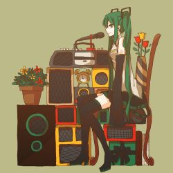 Rule 34 | 1girl, bad id, bad pixiv id, boots, chair, clock, detached sleeves, flower, green eyes, green hair, hatsune miku, lemontea, long hair, matching hair/eyes, microphone, sitting, sketch, skirt, solo, speaker, thigh boots, thighhighs, twintails, very long hair, vocaloid