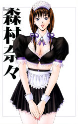 Rule 34 | 1girl, apron, blush, breasts, brown eyes, brown hair, cleavage, covered erect nipples, cowboy shot, earrings, fingernails, g-taste, hair ribbon, highres, jewelry, large breasts, lipstick, long fingernails, long hair, low twintails, maid, maid apron, maid headdress, makeup, matching hair/eyes, morimura nana, nail polish, open mouth, own hands together, puffy short sleeves, puffy sleeves, ribbon, short sleeves, solo, teeth, twintails, upper teeth only, wrist cuffs, yagami hiroki