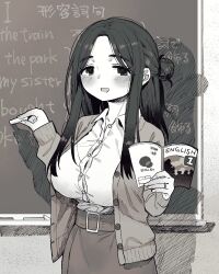 Rule 34 | 1girl, absurdres, belt, blush, book, breasts, buttons, cardigan, chalk, chalkboard, commentary request, dress shirt, hair bun, highres, large breasts, long hair, looking at viewer, monochrome, open mouth, original, shirt, skirt, smile, solo, teacher, upper body, zinbei