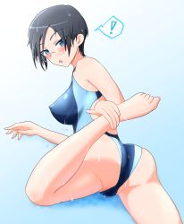 Rule 34 | !, 10s, 1girl, :o, ass, blue background, blue eyes, blue one-piece swimsuit, blush, breasts, commentary request, competition swimsuit, cube (huidama), girls und panzer, gradient background, grey hair, groin, highres, leg hold, leg up, looking at viewer, looking back, lying, medium breasts, on stomach, one-piece swimsuit, open mouth, round eyewear, rumi (girls und panzer), short hair, solo, spoken exclamation mark, swimsuit, wet