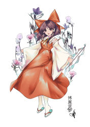 Rule 34 | 1girl, :d, ascot, bow, brown eyes, brown hair, detached sleeves, flower request, full body, gin fragrans, gohei, hair bow, hair tubes, hakurei reimu, highres, holding, holding stick, japanese clothes, long hair, looking at viewer, open mouth, red bow, red skirt, ribbon-trimmed sleeves, ribbon trim, sandals, short hair with long locks, signature, simple background, skirt, skirt set, smile, solo, stick, touhou, white background, white legwear, wide sleeves