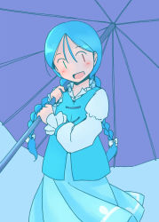 Rule 34 | 1girl, :d, alternate hair length, alternate hairstyle, blue background, blue hair, blue skirt, blue theme, blue vest, blush, bow, braid, collared shirt, cowboy shot, frilled shirt collar, frilled sleeves, frills, green eyes, hair behind ear, hair between eyes, hair bow, hands up, head tilt, heterochromia, holding, holding umbrella, long hair, long sleeves, looking at viewer, looking to the side, low twintails, medium skirt, no nose, open mouth, pleated skirt, puffy long sleeves, puffy sleeves, purple umbrella, rangycrow, red eyes, shade, shirt, skirt, smile, solo, standing, tatara kogasa, touhou, twin braids, twintails, umbrella, vest, white bow, white shirt, | |